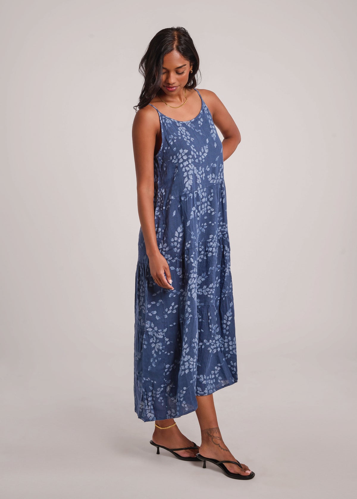 IRIS PRINTED ANKLE-GRAZING LINEN DRESS / DENIM