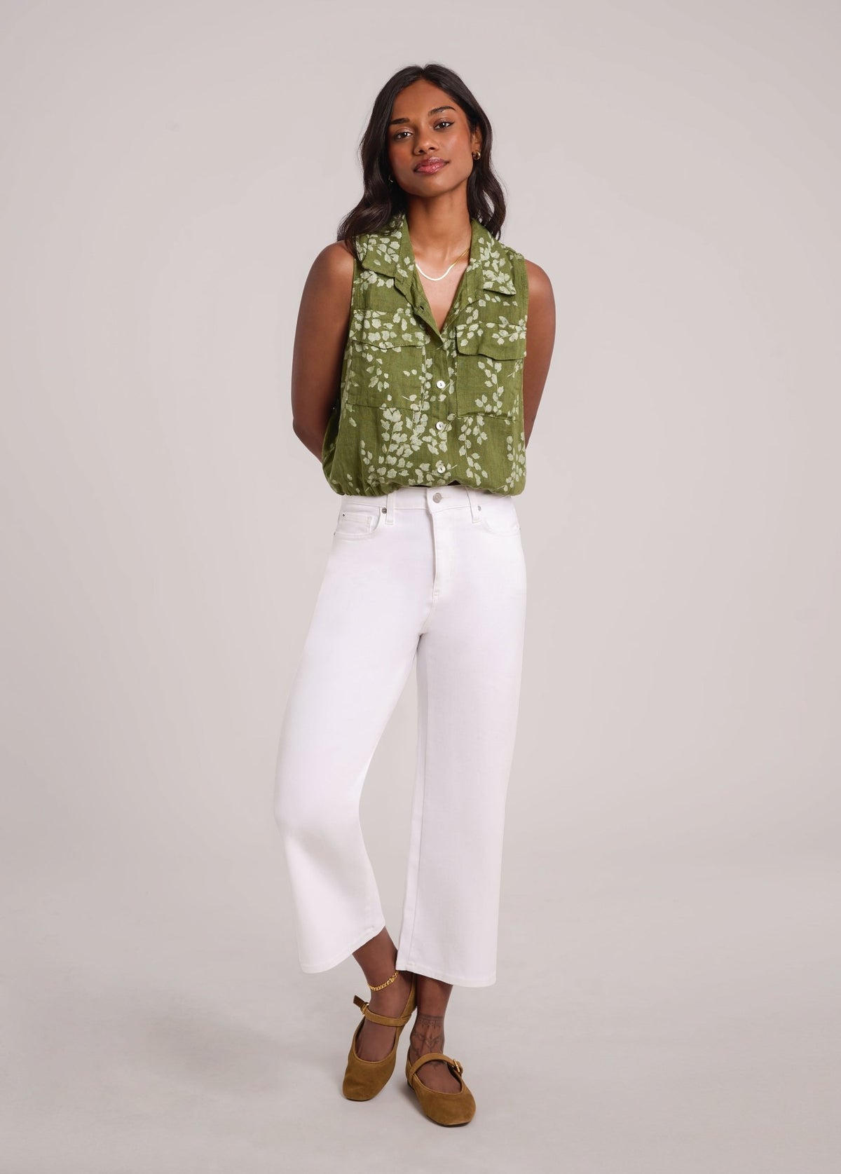 RAIN PRINTED LINEN SLEEVELESS VEST / MOSS