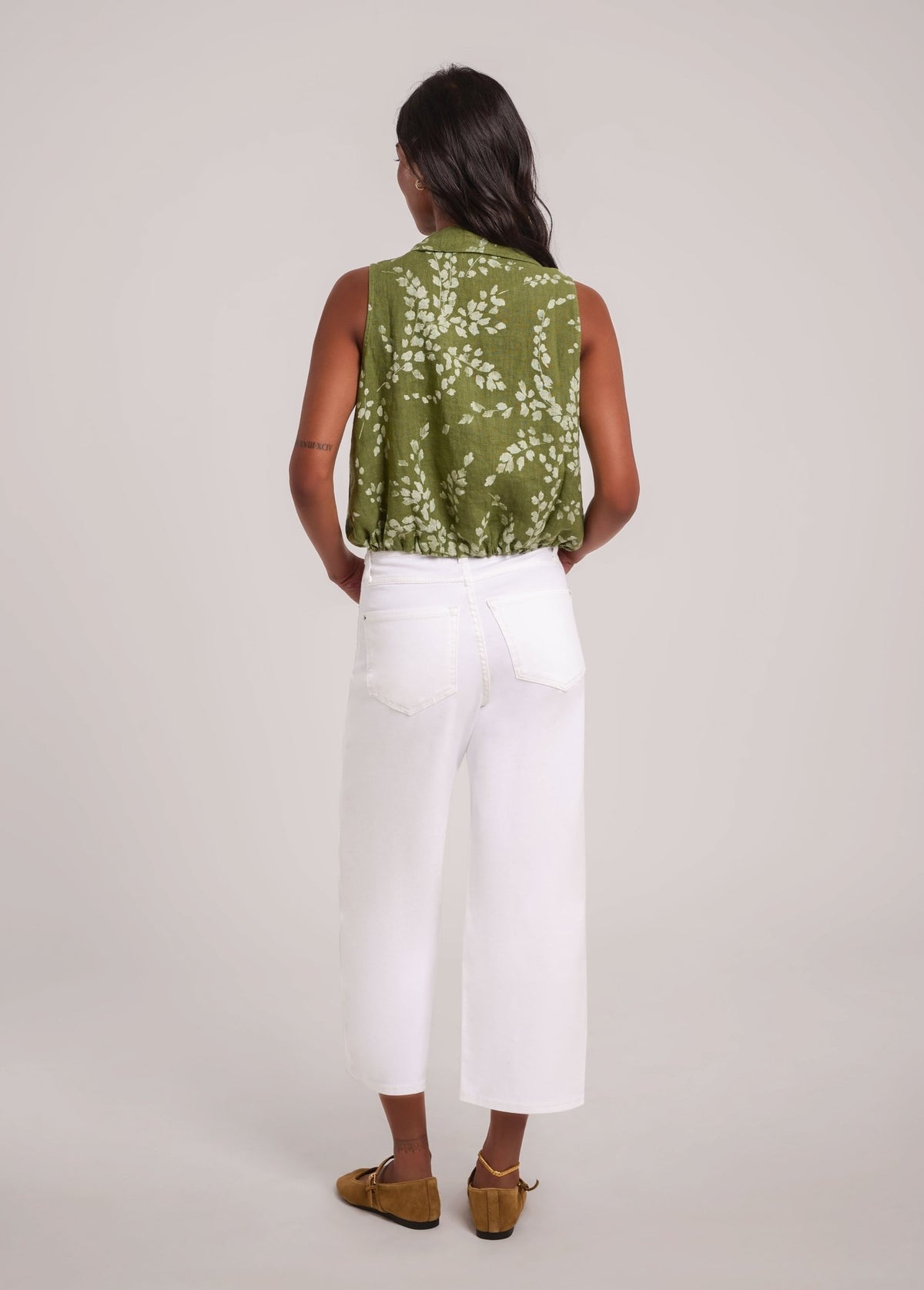 RAIN PRINTED LINEN SLEEVELESS VEST / MOSS